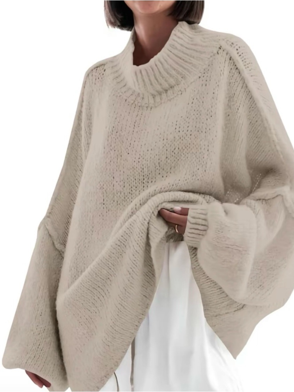 Oversized Cream Knit Turtleneck Sweater - Women